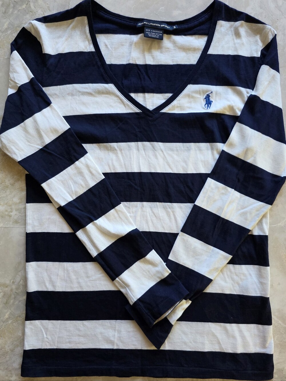 VTG Y2K Ralph Lauren Sport Striped V-Neck Long Sleeve Tee S Navy White Preppy
